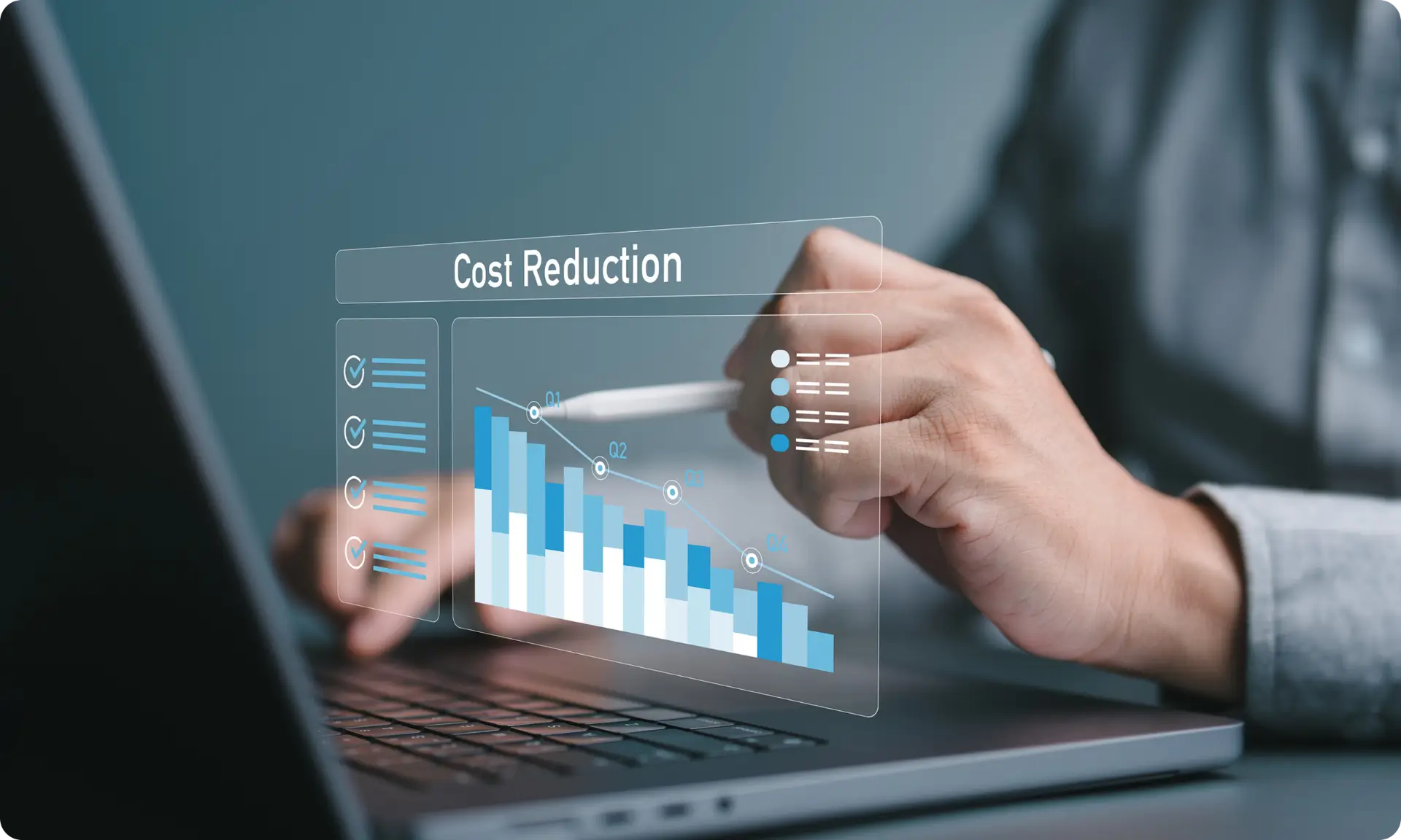 Man analyzing cost reduction graph on laptop.