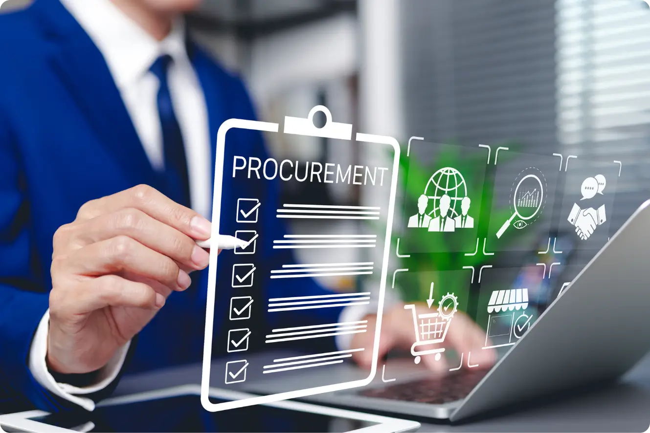 Businessman using digital procurement interface on laptop.