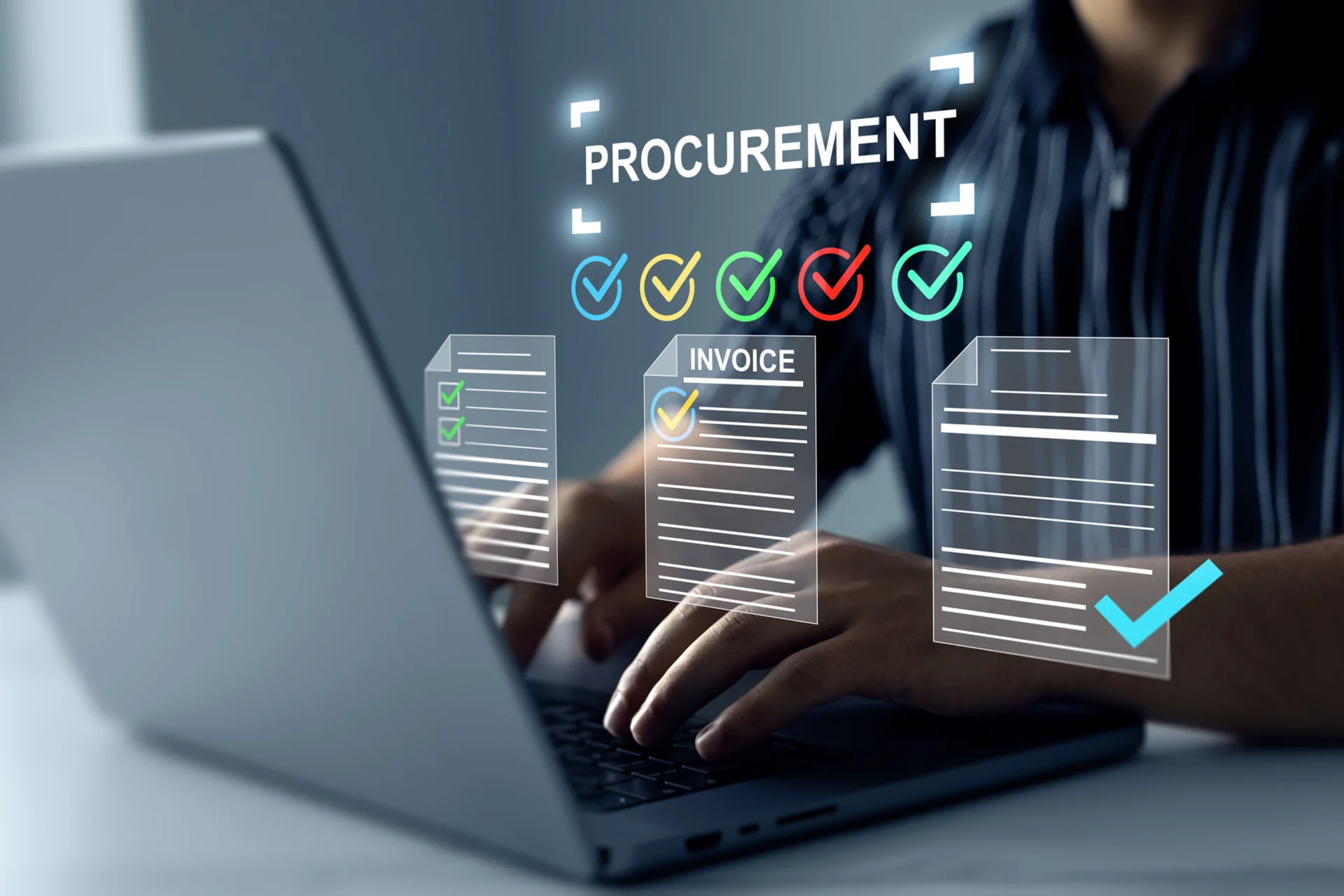 Hands typing with procurement invoices and checkmarks